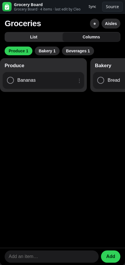 Grocery Board: columns